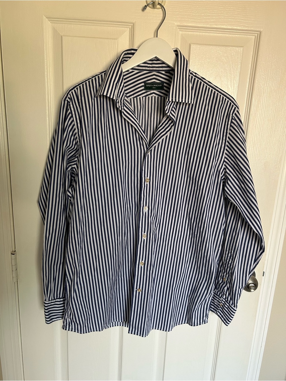 Spier & Mackay Slim Navy and White Vertical Stripe Dress Shirt - Spread Collar
